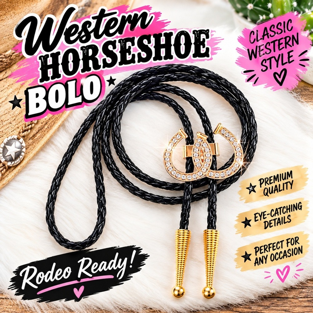 Western Horseshoe Bolo Tie Rhinestone Bling Black Braid OS